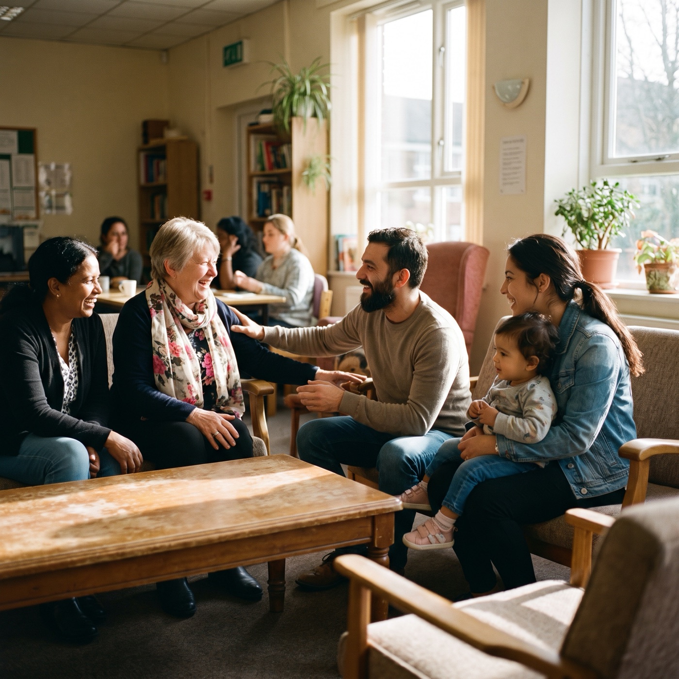 Diverse community members connecting at a welcoming local center